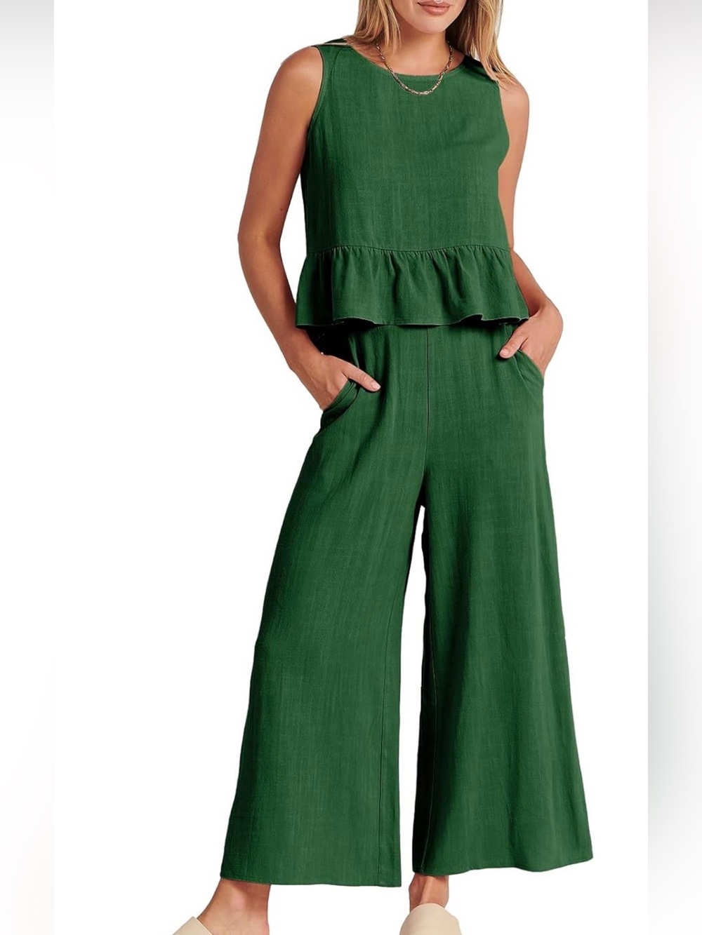 Women's Elastic Waist Wide-Leg Pants - Forest Green